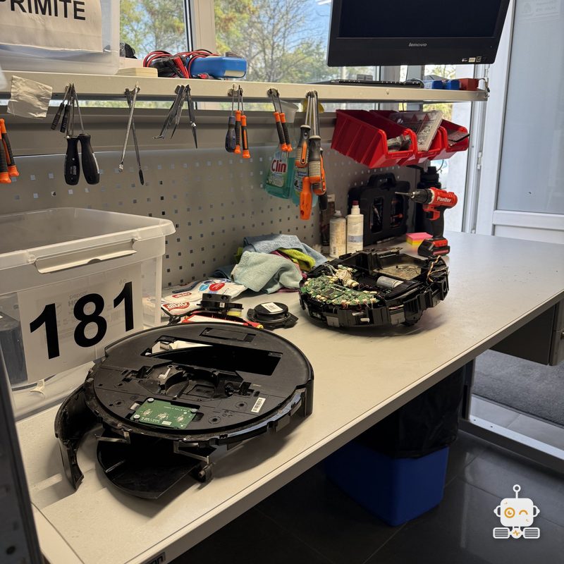 Doi roboți Roborock desfăcuți pe bancul atelierului
