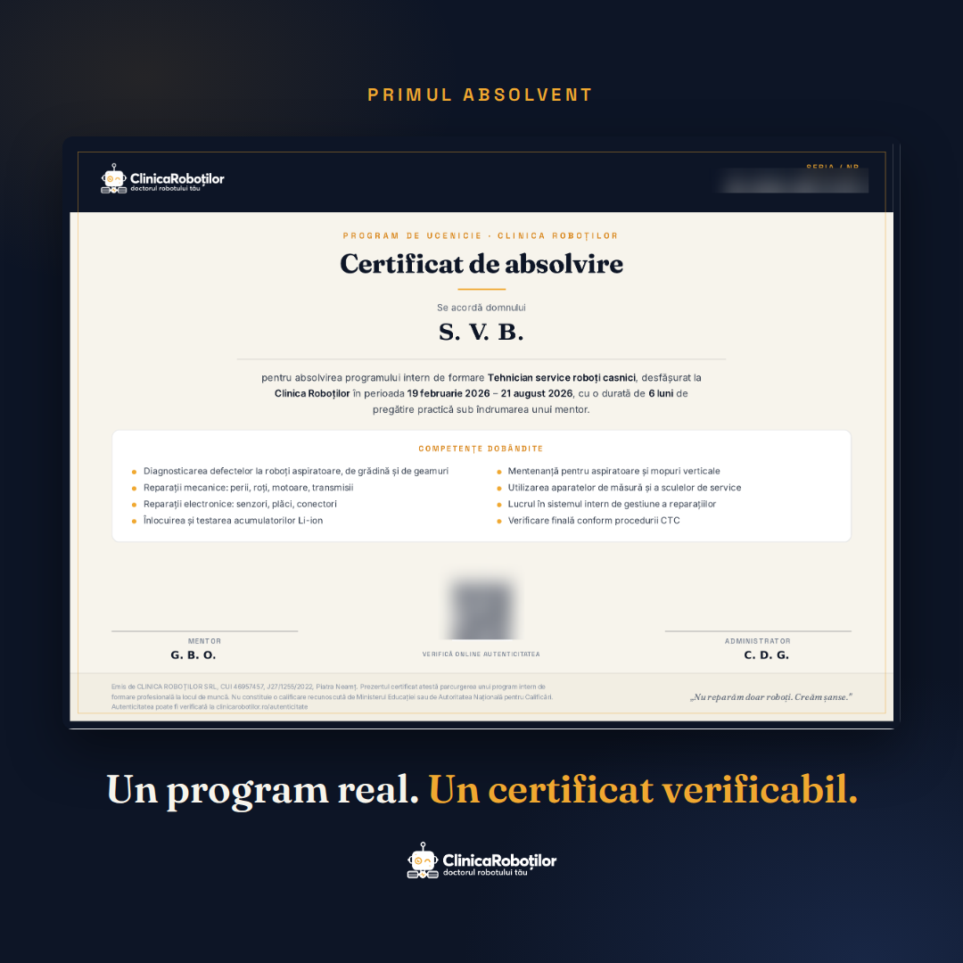 Certificat de absolvire Clinica Roboților - program de ucenicie pentru tehnician service