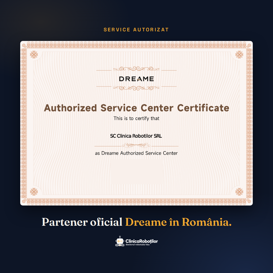 Certificat oficial Dreame Authorized Service Center pentru SC Clinica Roboților SRL