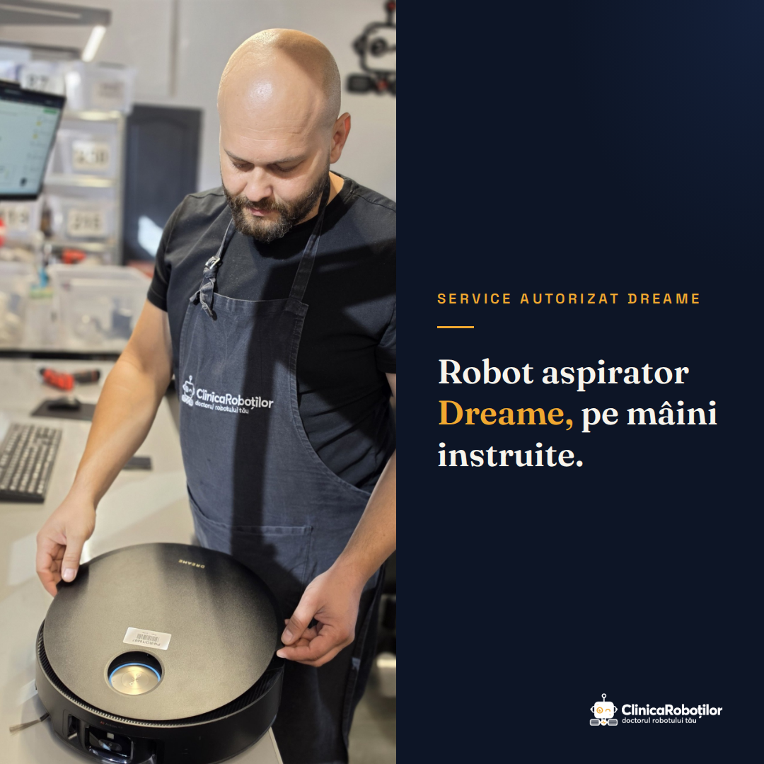 Tehnician Clinica Roboților cu un robot aspirator Dreame în atelier