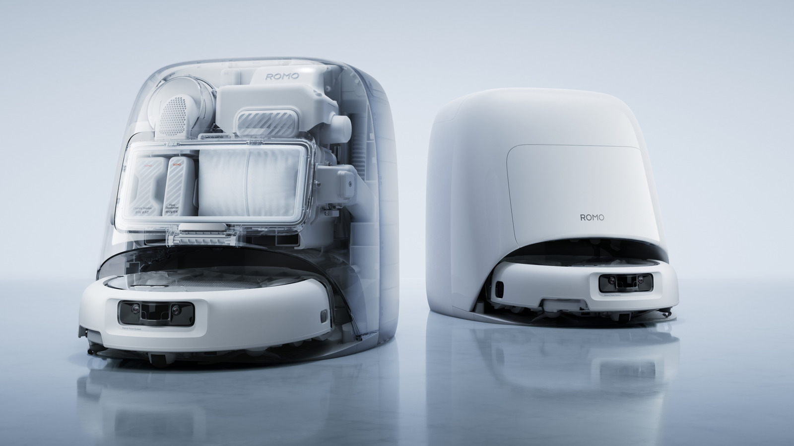 Stațiile DJI ROMO P2, transparentă, și ROMO A2, albă, cu roboții andocați, foto DJI