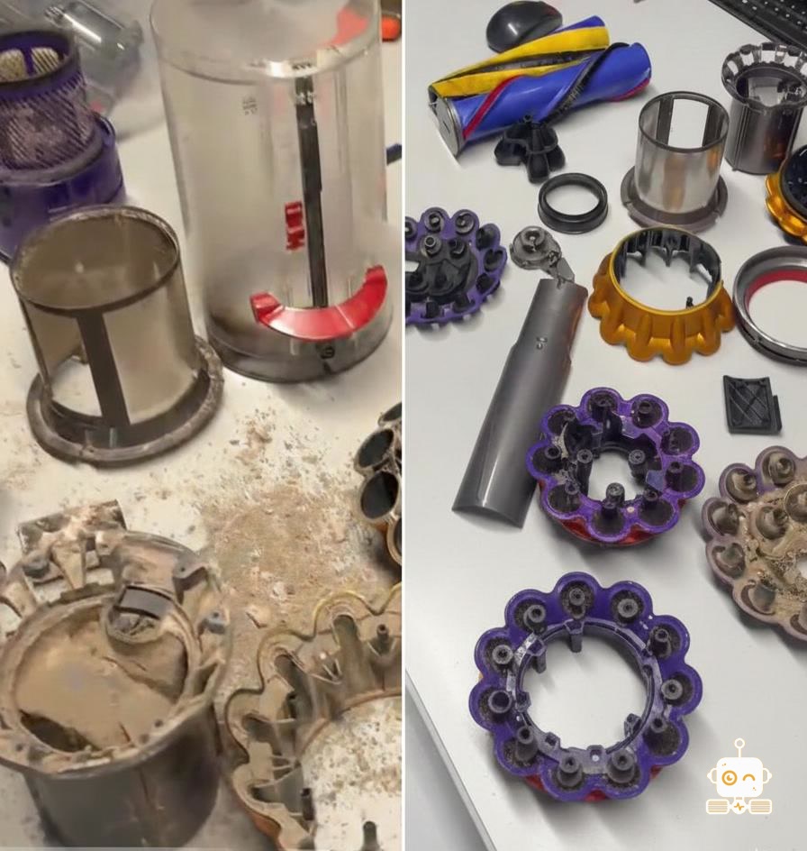 Piese de aspirator Dyson înainte și după curățarea din atelier