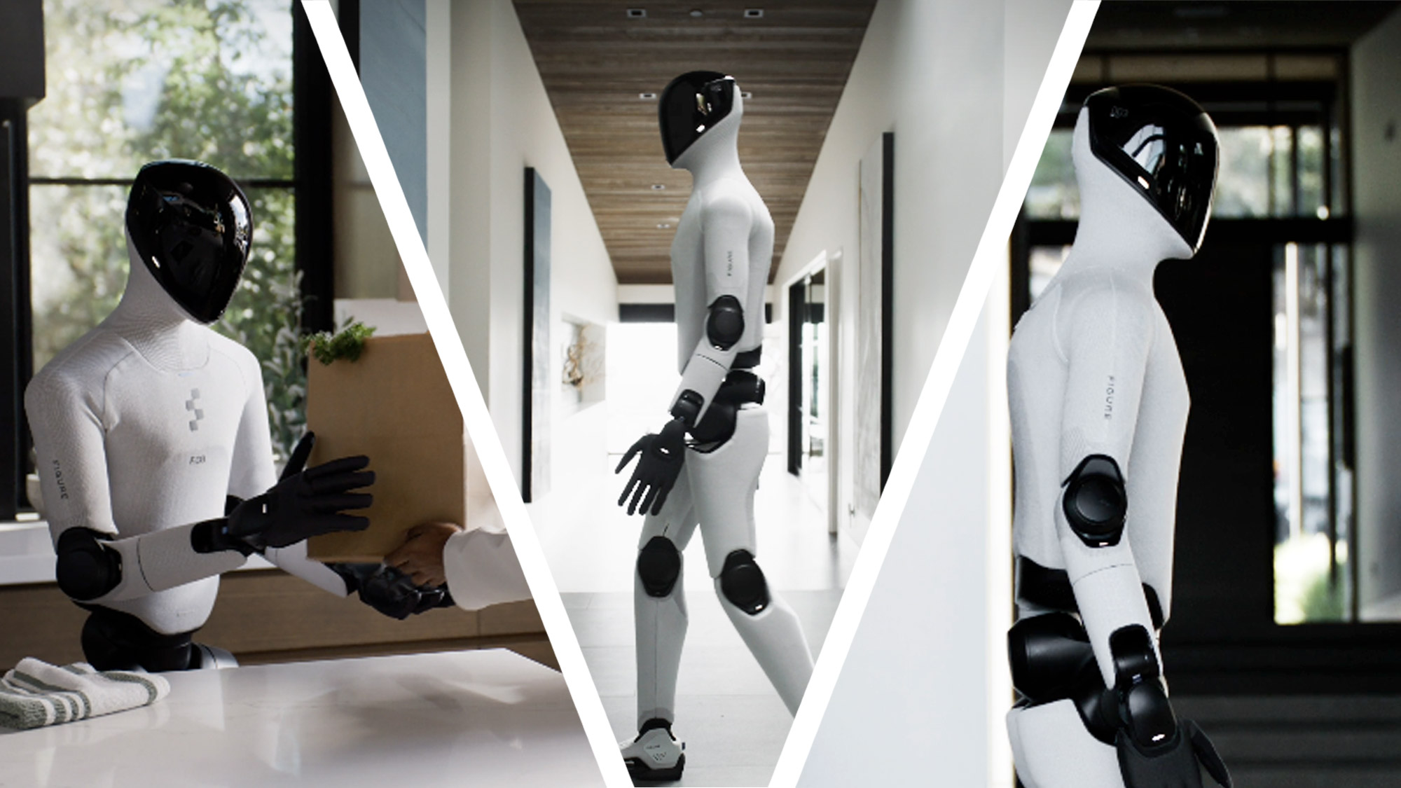 Robotul humanoid Figure 03 primind colet, mergând pe coridor și stând - versatilitate mișcare